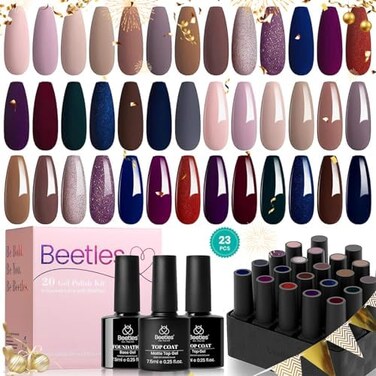Beetles Gel Polish 20 Pcs Nail Kit - Manhattan Collection Autumn Fall Winter Nude Glitter Burgundy Red Purple Brown Champagne Gold Soak Off Uv Glossy &amp; Matte Top Base Coat Gifts For Women