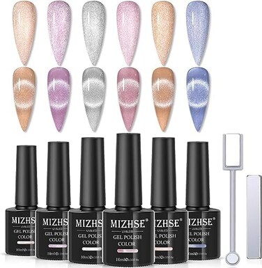 10ml*6 Colors Cat Eye Gel Nail Polish, Crystal Magnetic Gel Polish Glitter Pink Gold Sparkle Gel Polish Set With Universal Sliver Cat Eye Gel, 2 Magnet Sticks, Summer Nail Art, Lady Gift Set