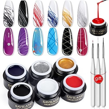 Saviland 6 Colors Spider Gel, New Upgraded Matrices With Nail Art Brushes, Designs Paint Wire Drawing Polish For Line (White Black Red Blue Gold Silver)
