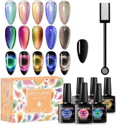 Meet Across 9D Cat Eye Gel Nail Polish Set Soak Off Uv LED Light Starry Sky Effect Magic Gel Nail Polish Kit Manicure Nail Art Gift Kit 6 Colours Free Magnet Stick