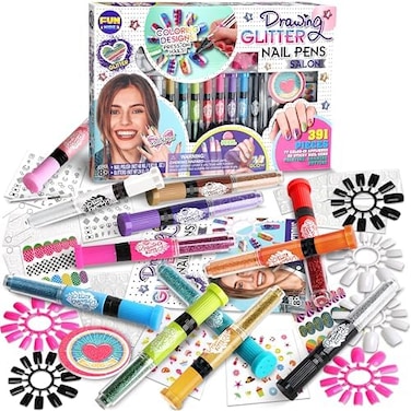 Fun Kidz Nail Art Polish Drawing Pens Kit, Ultimate 280Pcs Nails Glitter Set For Girls Glow In Dark Sparkly And Colorful Temporary Nail Polish Kit For Salon Girls Fashion Activity For G