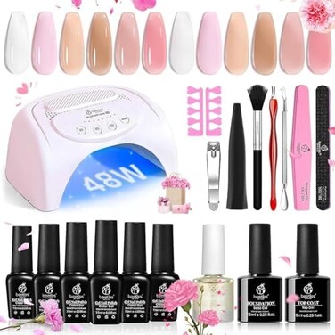 Beetles Gel Polish Nail Es Starter Kit, 6 Colors Nail Salon Set With 48W Uv Nail Lamp, Transparent Jelly Milky White Pink Nude Nail With Base Top Coat Nail Nail Art Manucure Gift