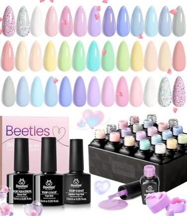 طقم أظافر جل 20 قطعة من بيتلز مع طبقة علوية لامعة وغير لامعة وطبقة أساسية - مجموعة ألوان باستيل بارادايس جيرلي كولورز فن الأظافر اللامعة الصلبة وألوان لامعة للعودة إلى المدرسة للأظافر