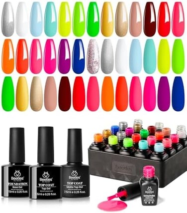 Beetles Gel Polish Set 23Pcs Neon Gel Nail Polish Kit With 3Pcs Base Gel Top Coat, Orange Blue Hot Pink Magenta Lemon Green Colors Nail Gel Polish Soak Off Uv Manicure Rainbow Nail Valentines Day Gift