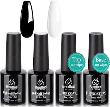 مجموعة طلاء أظافر جل من بيتلز - 4 قطع 7.5 مل طلاء أظافر جل أبيض وأسود مع طبقة علوية بدون مسح ومجموعة طبقة أساسية يمكن امتصاصها بالأشعة فوق البنفسجية LED طلاء أظافر جل مانيكير