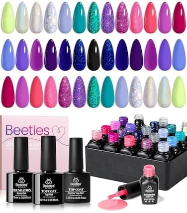 Beetles Gel Polish 20 Nail Kit,Midnight Euphoria Collection Purple Blue Hot Pink Glitter Set Soak Off Glossy &amp; Matte Top Base Coat Nail Art Design Valentine's Day Gifts For Women Girls