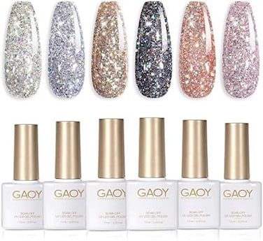 مجموعة طلاء أظافر Gaoy Chrome Platinum Glitter لأظافر عيد الميلاد 6 ألوان بما في ذلك سباركلي لامعة للأشعة فوق البنفسجية LED نقع قبالة أسود فضي وردي جل طلاء عدة المنزل DIY مانيكير صالون الأظافر الورنيش