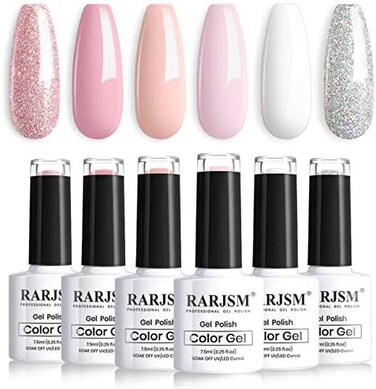 مجموعة طلاء أظافر جل فرنسي، طلاء أظافر جل وردي فاتح، مجموعة طلاء أظافر لامعة بيضاء اللون 6 قطع 7.5 مل ألوان طلاء جل لجميع المواسم، فن تزيين الأظافر بالمنزل