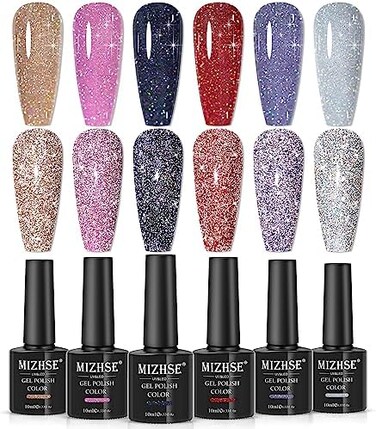 Reflective Glitter Gel Nail Polish, Holographic Glitter Gel Polish Set Sparkly Shiny Bling Nail Gel Soak Off Uv/Led Gel Nail Art Manicure Kit