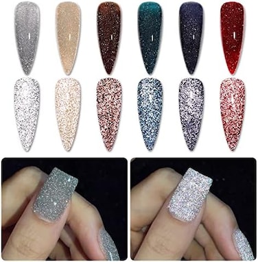 Gaoy Reflective Glitter Gel Nail Polish (Set Of 6, Red/Brown/Blue)