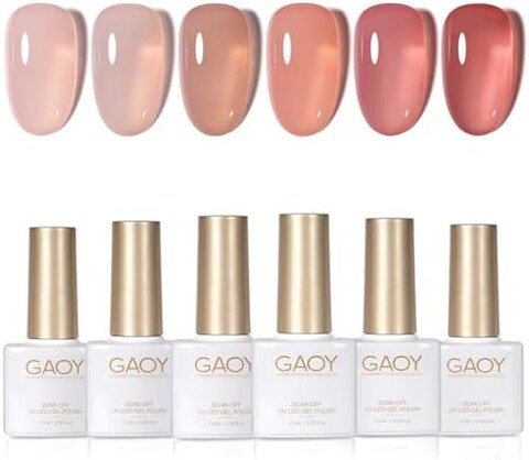 Gaoy Jelly Nude Gel Nail Polish Set, 6 Transparent Colors Sheer Red Pink Brown Soak Off Uv Light Cure Gel Polish Kit For Salon And Nail Art Diy At Home