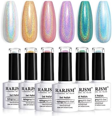Holographic Nail Polish Set, Spring Summer Color Gel Nail Polish Sliver Gold Violet Purple Olive Green Blue Rose Gold Gel Polish 6Pcs 7.5ml Curing Required Nail Art Manicure Salon