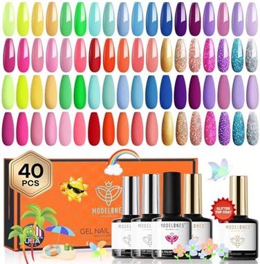Modelones 40 Pcs Gel Nail Polish Set, 36 Colors Summer Rainbow Neon Gel Polish Bright Hot Pink Green Yellow Purple Blue Glitter Nail Gel Polish With Soak Off Base Coat&amp; Matte Glitter Glossy Top Coat