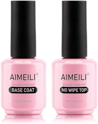 Aimeili Soak Off Long Lasting Hema-Free U V LED Gel Nail Polish Cruelty Free Vegan Shine Finish No Wipe Top And Base Coat Set - 2 X 15ml