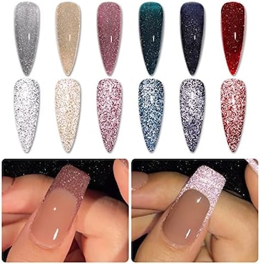 Gaoy Reflective Glitter Gel Nail Polish Set, 6 Colors Including Pink Red Silver Holographic Gel Kit Uv LED Soak Off Nail Polish Home Diy Manicure Salon Varnish
