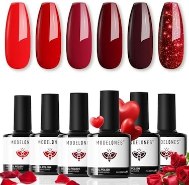 Modelones Gel Nail Polish Set - 6 Red Colors Gel Polish Glitter Red Gel Polish Burgundy Sparkle Bloody Red Nail Polish Gel Manicure Diy Salon Nail Art Gifts