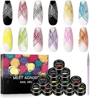 Meet Across 12 Colors Spider Gel, Elastic Drawing Spider Gel For Nail Art With Liner Brush, Soak Off Uv LED Drawing Gel Nail Art Design Gel Paint, Wire Drawing Gel For Line