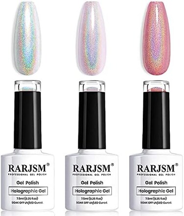 Holographic Nail Polish Set 3Pcs Rose Gold Silver Red Gel Polish Kit Soak Off Nail Gel With Glitter Mermaid Unicorn Effect Curing Required For Nail Art Design Manicure Salon Diy At Home