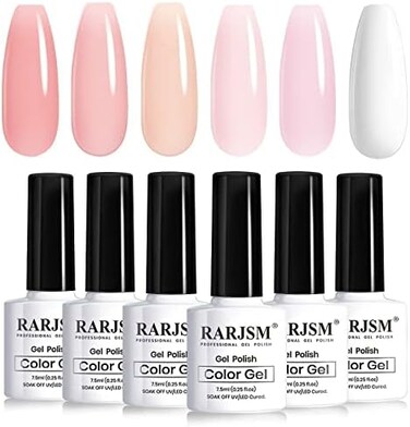 Nude Gel Polish For French Manicure,Sheer Jelly Pink Gel Nail Polish Set Of 6 Transparent Colors Clear Light Brown Pure White Neutral Nail Varnish LED Uv Curing Requires 7.5ml For Home Salon