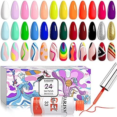 Nail Art Gel Liner 24 Color Line Art Painted Gel Nail Polish Set Pink Blue Green Silver Gold Glitter For Nails Painting Drawing Soak Off Uv LED Curing Requires Bulid In Thin Nail Art Brush