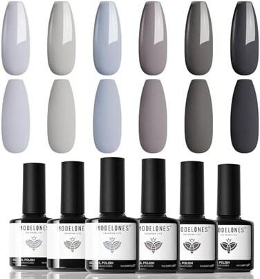 Modelones Grey Gel Nail Polish Set 6 Colors, Gray Tone Dark Cloud Stone Seal Iron Fossil Shades Collection All Seasons Soak Off LED Nail Art Gel Kit Soak Off Manicure Salon Diy Home Gift
