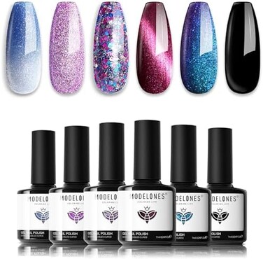 مجموعة طلاء أظافر جل لامع من موديلونز 6 ألوان، لون أزرق متغير أحمر عين القطة المغناطيسي جل طلاء الحرباء العاكس لدرجة الحرارة أسود وردي طلاء أظافر نقع قبالة LED مجموعة أدوات تجميل الأظافر هدية