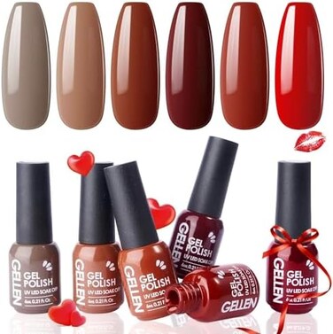 Gellen Gel Nail Polish Set,Red Brown 6 Colors Gel Polish Set, All Season Neutral Nail Polish Soak Off Uv Gel Diy Salon Home