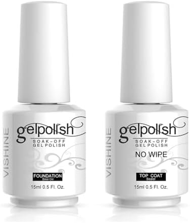 Vishine 15ml No Wipe Top Coat Base Coat Soak Off Uv LED Drying Long Lasting Shiny Nail Varnish Set