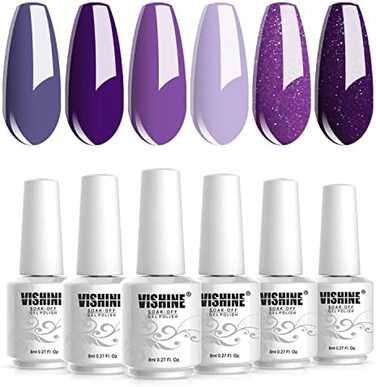 Vishine 6Pcs Purple Glitter Nail Polish Gel Uv LED Soak Off Nail Art Kit Gorgeous Manicure Collection Gift Set 8ml