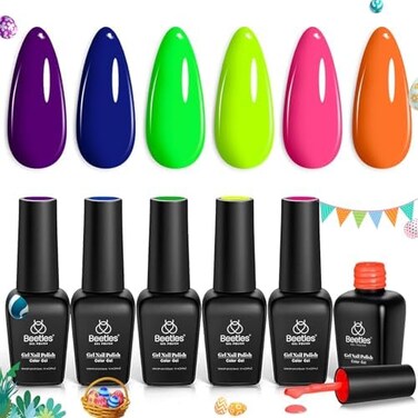 مجموعة أظافر جل طلاء نيون من بيتلز، برتقالي نيون وردي فاقع وأزرق وأصفر وأخضر وأرجواني 6 ألوان قابلة للامتصاص بالأشعة فوق البنفسجية ومصباح LED للأظافر، 7.3 مل لكل زجاجة خريف فلورسنت