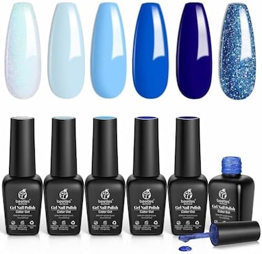 Beetles Gel Polish Nail Kit, 6Pcs Blue Navy Nail Aquarius Holy Water Collection Fashionable Blue Shimmer Glitter Colors Nail Art Gift For Girls Women