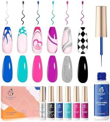 طلاء أظافر جل من بيتلز، 6 ألوان طلاء فني للأظافر الدوامة، أزرق نيون وردي فاقع، فضي لامع، صيفي Cyberpunk مستقبلي، فرشاة فنية رقيقة للأظافر في أقلام فنية
