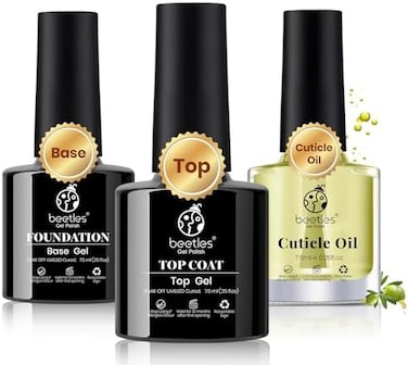 Beetles Gel Polish 3Pcs 7.5ml Top Coat Base &amp; Cuticle Oil Set, No Wipe Glossy Shine Long Lasting Diy Home Nail Lamp Required, Care For Dry, Damaged Cuticles, Stronger Nails