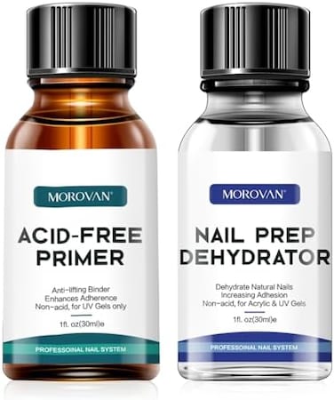 Morovan Nail Primer And Natural Nail Prep Dehydrate Set, Fast Air Dry For Gel Polish &amp; Acrylic Powder, 30ml / 1Oz