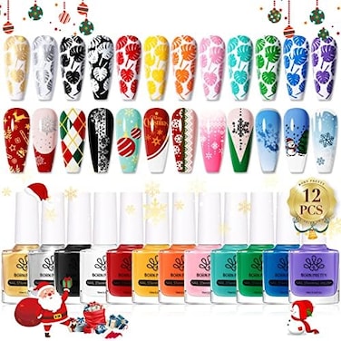 Born Pretty Christmas Nail Stamping Polish Fingernail Stamp Polish Set Manicure Print Nail Polish For Plates 12 Colors Bulk Gift Collection 10ml 0.34Fl Oz