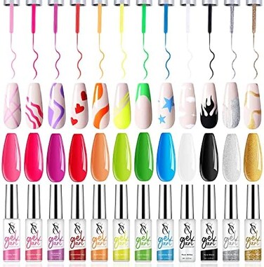 Sxc Cosmetics G-41 Gel Liner Nail Art Set 12 Black White Red Pink Colors Paint For Swirl Nails Built-In Thin Brush In Bottle Pens Soak Off Gold Silver Glitters Gel&hellip;