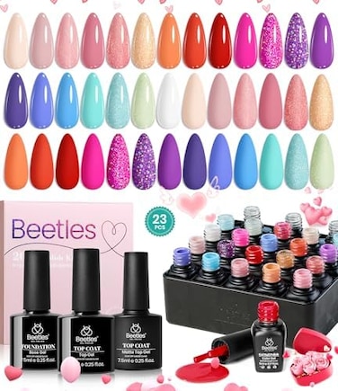 Beetles Gel Polish 23 Pcs Nail Kit With Base Top Coat, Glamour Games Collection Spring Summer Colors Pastel Nude Pink Purple Orange Nail Art Soak Off Nail Kit Gift For Girl Manicure Kit