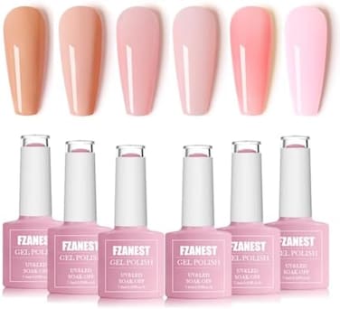 Fzanest Gel Nail Polish Jelly Nude Set,Sheer Natural Milky Pink 6 Colors Gel Polish Nail Kit Soak Off LED Uv Varnish Nail Art Manicure Kit