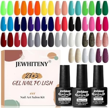 Jewhiteny 30Pcs Gel Nail Polish Kit: 27 Colors, Base Coat, Glossy &amp; Matte Top Coat, Salon/Home Starter Kit