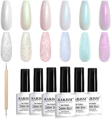 Rarjsm Pearl Gel Nail Polish Set 6 Colors Pearlescent Shell Glitter White Gold Pink Green Purple Shimmer Mermaid Nail Polish Soak Off LED Uv Curing Requires Swirl Thread Effect Diy Manicure Use