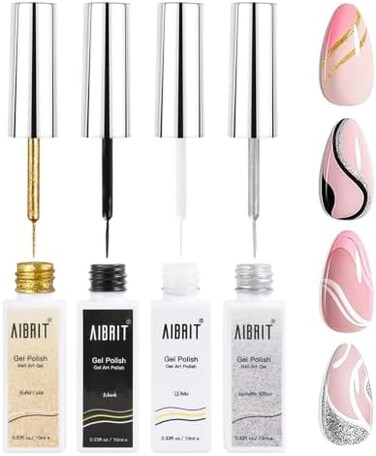 Aibrit Gel Liner Nail Art Polish Set 10ml, 4 Colors Black White Gold Silver Nail Design Paint With Thin Nail Art Brush In Bottle For Swirl Nails Euphoria Nail French Tips Manicure Painting Diy At Home