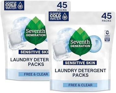 Seventh Generation Laundry Detergent Packs, Free &amp; Clear, 90 Loads (2 pouches, 45 Ct EA)
