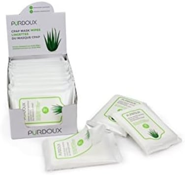 Purdoux 100% Cotton CPAP Mask Wipes with Aloe Vera (Box of total 120 wet wipes in 12 resealable sachets, 10 wipes per sachet)