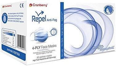 Cranberry USA R2970SA Repel 4-Ply Ear Loop Face Mask, Anti-Fog, Sapphire (Pack of 50)