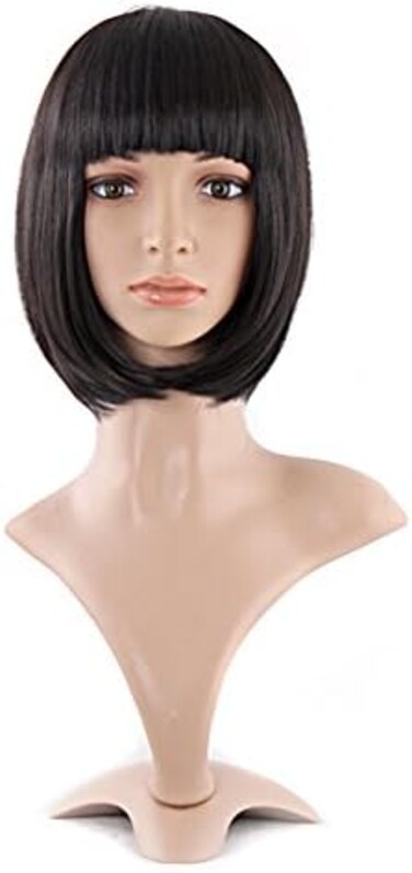MapofBeauty 12"/30cm Natural Ladies Short Straight Wigs Flat Bangs Bob Wig (Black)