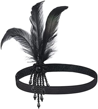 BABEYOND (Black) - 1920s Flapper Headpiece Roaring 20s Great Gatsby Headband Black Feather Headband 1920s Flapper Gatsby Hair Accessories (Black)