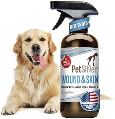 PetSilver Wound &amp; Skin Spray with Patented Chelated Silver, Allergy Relief for Dogs Itching, Hot Spot Treatment for Dogs, Cat and Dog Wound Care, Natural Skin Soother for Dogs, USA, 16 fl. oz.
