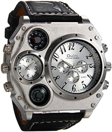 Avaner Mens Big Face Watch, Dual Time Zone Leather Strap Sport Watch, Analog Quartz Wrist Watch with Decorative Compass Thermometer Dial
