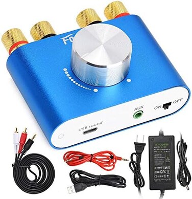 مضخم صوت لاسلكي صغير F900 مع محول تيار مستمر 12 فولت 5 امبير، مضخم صوت رقمي هاي فاي ستيريو فاي بقناتين 50 وات 2 مع مدخل AUX/USB/ بلوتوث (مضخم + محول، ازرق)
