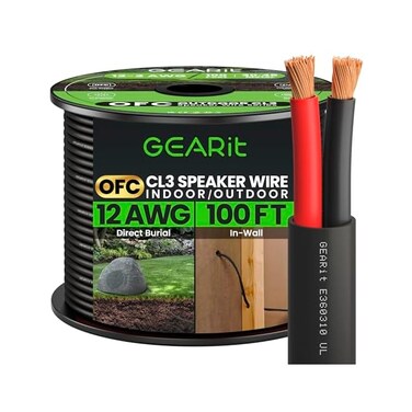 GearIT 12/2 Speaker Wire (100 Feet) 12AWG Gauge - Outdoor Direct Burial in Ground/in Wall / CL3 CL2 Rated / 2 Conductors - OFC Oxygen-Free Copper, Black 100ft